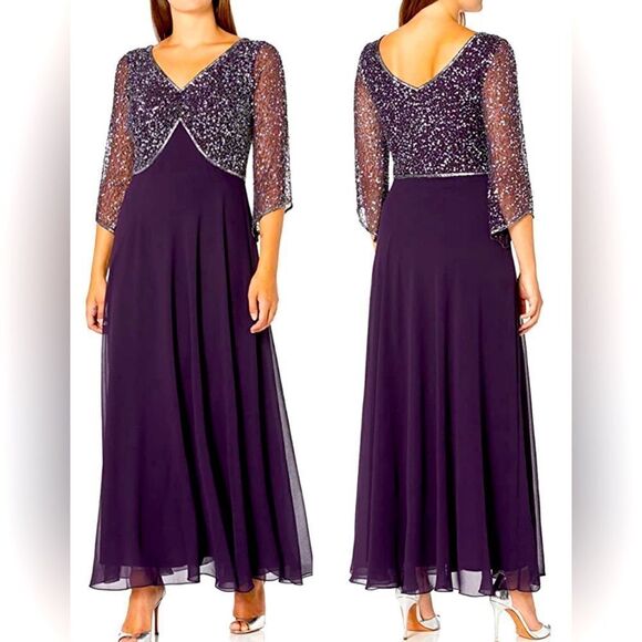 J Kara 3/4 Sleeve V-Neck Beaded Top Mother of Bride/Groom in Plum/Mercury Size 8 - Picture 1 of 6